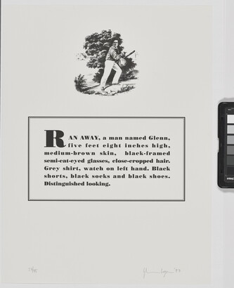 A black-and-white print of a historical graphic of an enslaved person placed above a paragraph that describes physical attributes and personality traits of the Black artist.