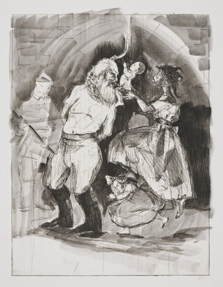 A black-and-white print of a White man about to be hung as a Black woman presents a baby to him.<br />