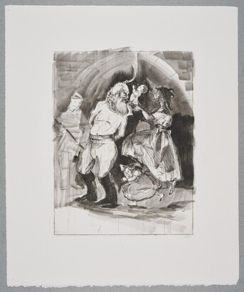 A black-and-white print of a White man about to be hung as a Black woman presents a baby to him.<br />