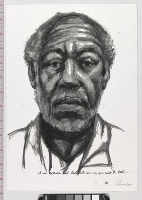 A black-and-white sketch of a balding Black man who looks out at the viewer.