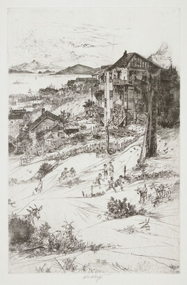 A black-and-white print of goats grazing and children playing in a field in front of houses perched on a steep hill overlooking the sea.