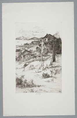 A black-and-white print of goats grazing and children playing in a field in front of houses perched on a steep hill overlooking the sea.