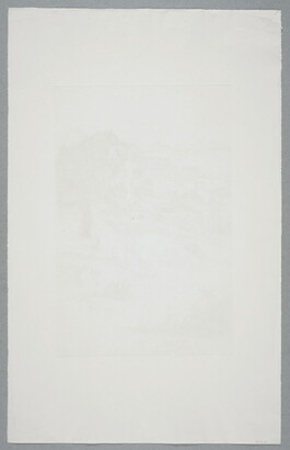 A black-and-white print of goats grazing and children playing in a field in front of houses perched on a steep hill overlooking the sea.