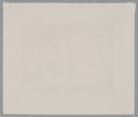 A black-and-white print of a person seated at work in front of a building with Asian details; a line of baskets on the street in the foreground.