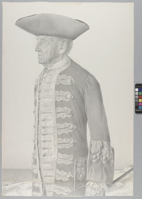 A graphite drawing of a man in profile wearing a tricorn hat and a decorative frock.