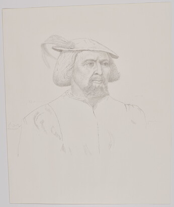 A pencil drawing of a White man with a goatee wearing a cap with a feathered plume and a jacket with a high collar and puffy sleeves.