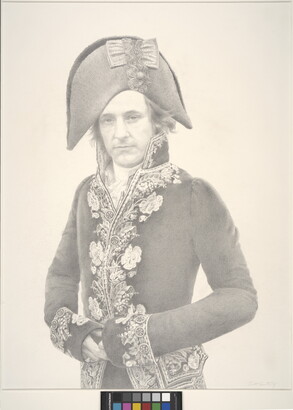 A pencil drawing of artist Ed Rucha dressed in a colonial military frock and a tall tricorn hat.