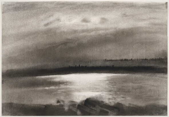 A charcoal drawing of a calm lake and trees dotting the horizon in the distance.