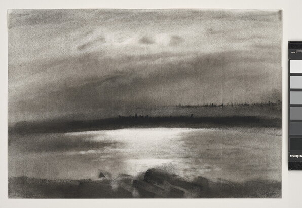 A charcoal drawing of a calm lake and trees dotting the horizon in the distance.