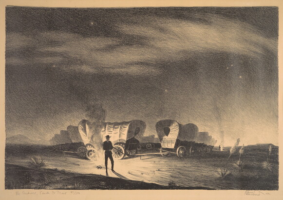 A black-and-white print of a night scene on a plain with a lone figure standing by a campfire and covered wagons.