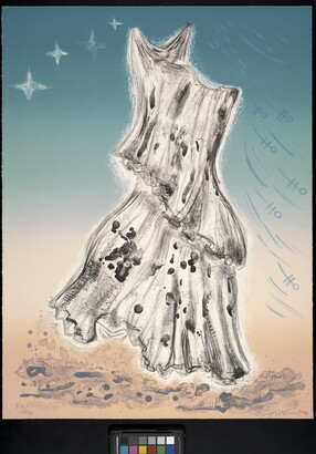A print of a dog-shaped figure draped in a spotted sheet on a background of stars and abstracted forms.