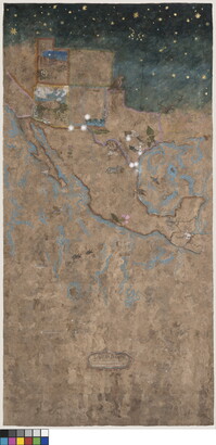 A large, paper map depicting U.S. border states and Mexico, and illustrations of various flora and fauna.