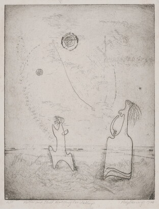 An abstract black-and-white print of two figures looking toward circular objects in the sky.