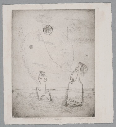 An abstract black-and-white print of two figures looking toward circular objects in the sky.