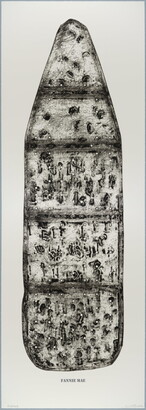A black-and-white print of an ironing board filled with holes and dents, showing the shadows of its supporting structure, and with the word &quot;FANNIE MAE&quot; below the image.