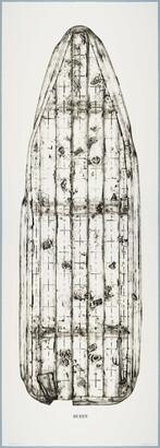 A black-and-white print of an ironing board filled with holes and dents, showing the shadows of its supporting structure, and with the word &quot;QUEEN&quot; below the image.