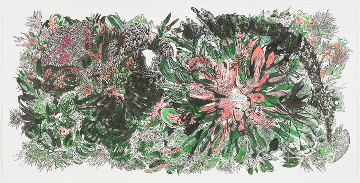 A detailed drawing of abstracted green leaves and pink flowers outlined in black ink.