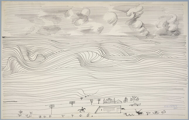 An line drawing of a landscape with swirly lines indicating clouds, curved lines suggesting the prairie, and a small ranch scene in the foreground.