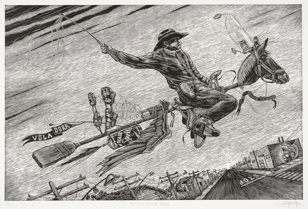 A black-and-white print of a cowboy riding a broomstick with a horse&#039;s head flying above a street lined with buildings and powerlines.