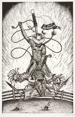 A black-and-white print of a front view of a cowboy riding a vacuum with a bull&#039;s head, one arm raised holding a lasso, in a corral.