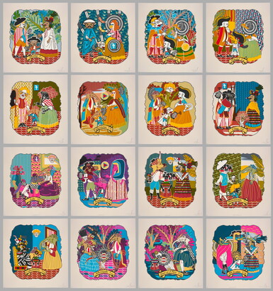 A grid of 16 color prints featuring a variety of figures with animal features dressed in Spanish colonial attire and Indigenous clothing.