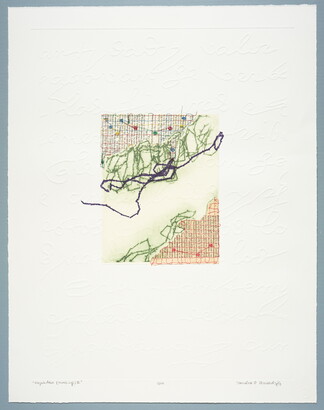 An abstract print with stitching in red, green, and black over newspaper clippings in English and Spanish with embossed handwriting along the border.