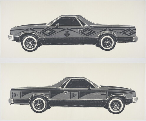 A black-and-white print of two El Camino-like cars, shown from the sides, with Native American designs on the doors and fenders.