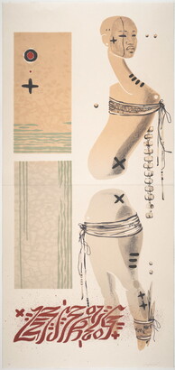 A color print of a standing mannequin, top and bottom separate, next to panels with Native American designs and red graffiti on the bottom.