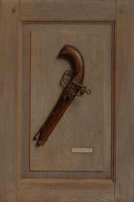 A realistic oil painting of a flintlock pistol hanging on a nail on a wooden panel