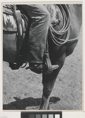 A black-and-white photograph of a person&#039;s leg in a cowboy boot, including spurs, sitting astride a horse, viewing only the horse&#039;s front quarter.