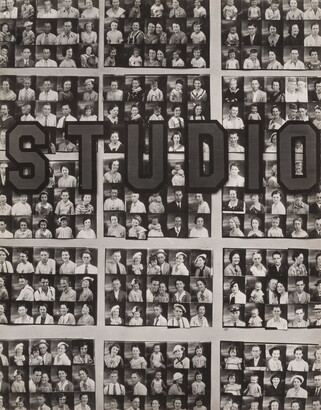 A black-and-white photograph of dozens of photo strips with the word &quot;Studio&quot; across the middle of the image.