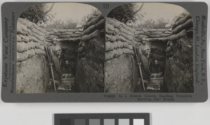 Two almost identical black-and-white photographs side by side of three soldiers in a trench topped by a wall of sandbags.