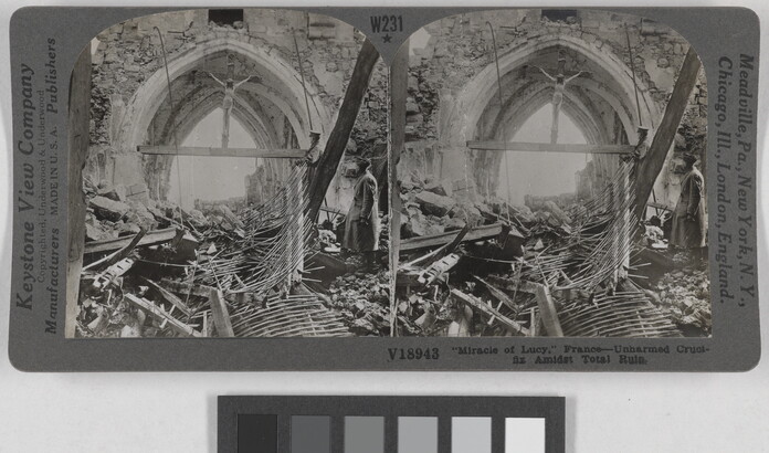 Two almost identical black-and-white photographs side by side of a ruined church, wood, and other debris on the ground beneath a large crucifix wedged into an archway.