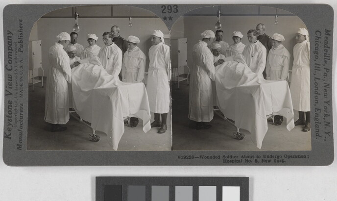 Two almost identical black-and-white photographs side by side of men and women in white hospital uniforms surrounding a person lying on a table covered under a white sheet.