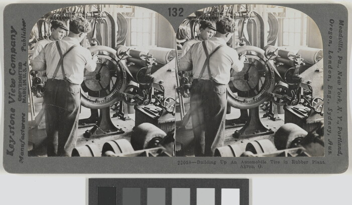 Two almost identical black-and-white photographs side by side of two men in a factory working at a machine.