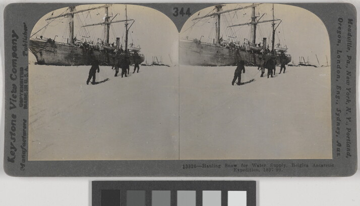 Two almost identical black-and-white photographs side by side of people walking on snow toward a large ship.
