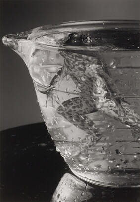 A black-and-white photograph of a frog hovering in a glass bowl filled with water, eyes just above the surface.