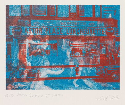 A two-toned print of two images: a red and blue image of a diner superimposed over a black-and-white image of Peter Paul Rubens' "The Feast of Acheloüs" painting.