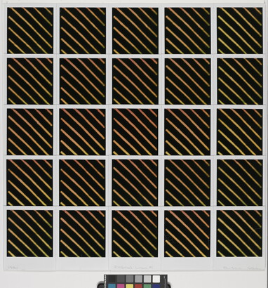 An abstract color photo of five rows of five squares, each square featuring thing yellow, diagonal lines on a black background.