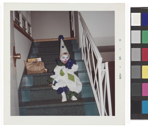 A color snapshot of a toddler in a blue, green, and white clown costume sitting on stairs inside a house.