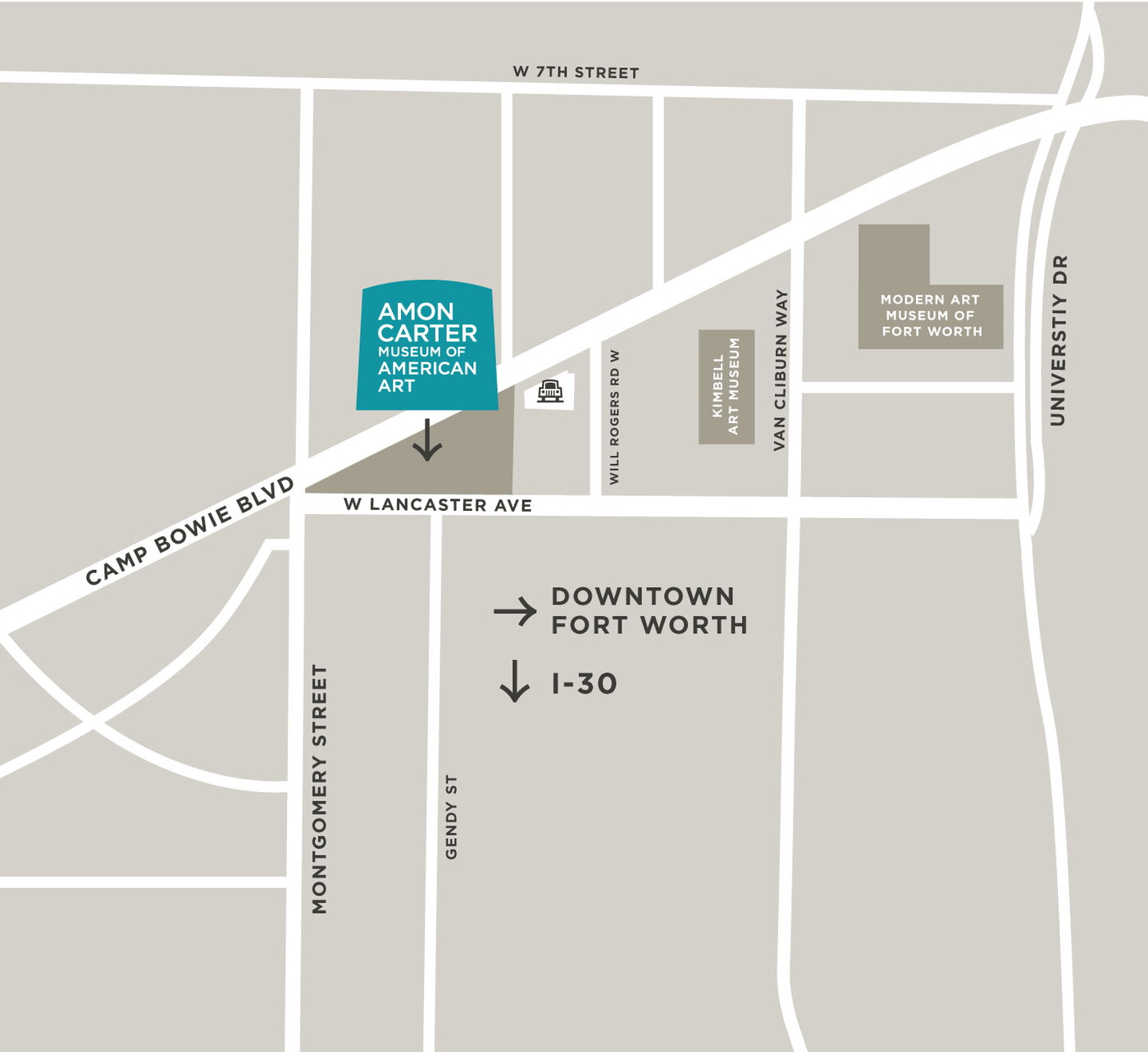 Map showing the location of the Carter in the triangle formed by Camp Bowie Blvd, W. Lancaster Ave., and Will Rogers Rd. W.