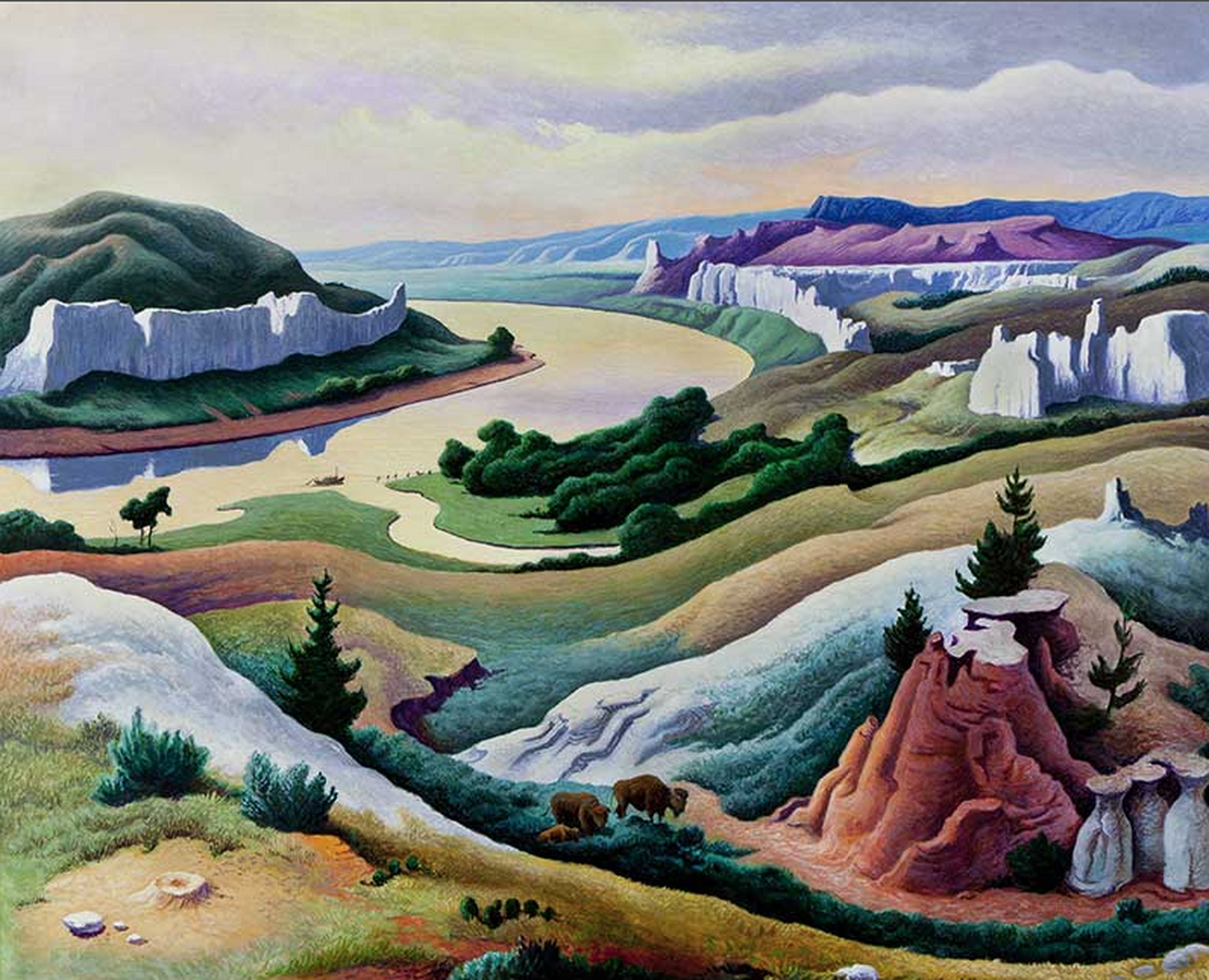 A painting of a river, a boat on it near the mouth of a creek, winding through a mountainous region with three bison in the near distance. 