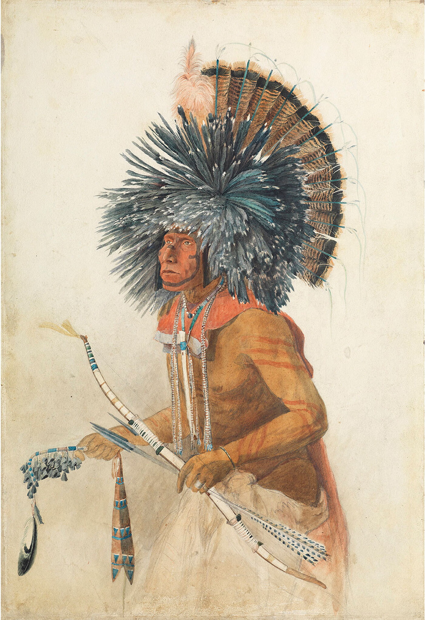A watercolor of an Indigenous man wearing a feathered headdress, body paint, a beaded rope around his neck, and holding a bow and arrow.