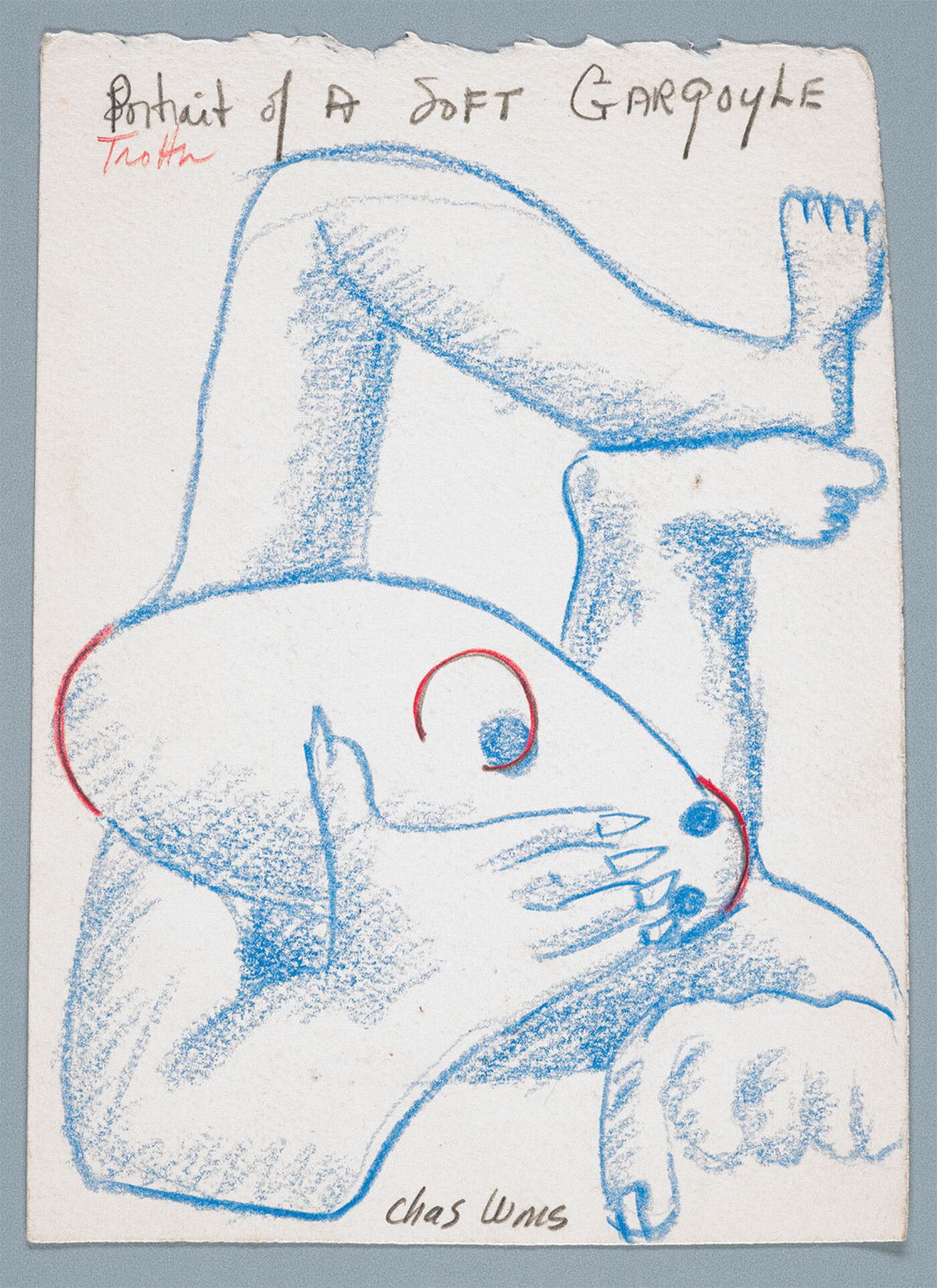 A drawing in blue and red of a human-like form lying on a floor with legs up and head resting in one hand.