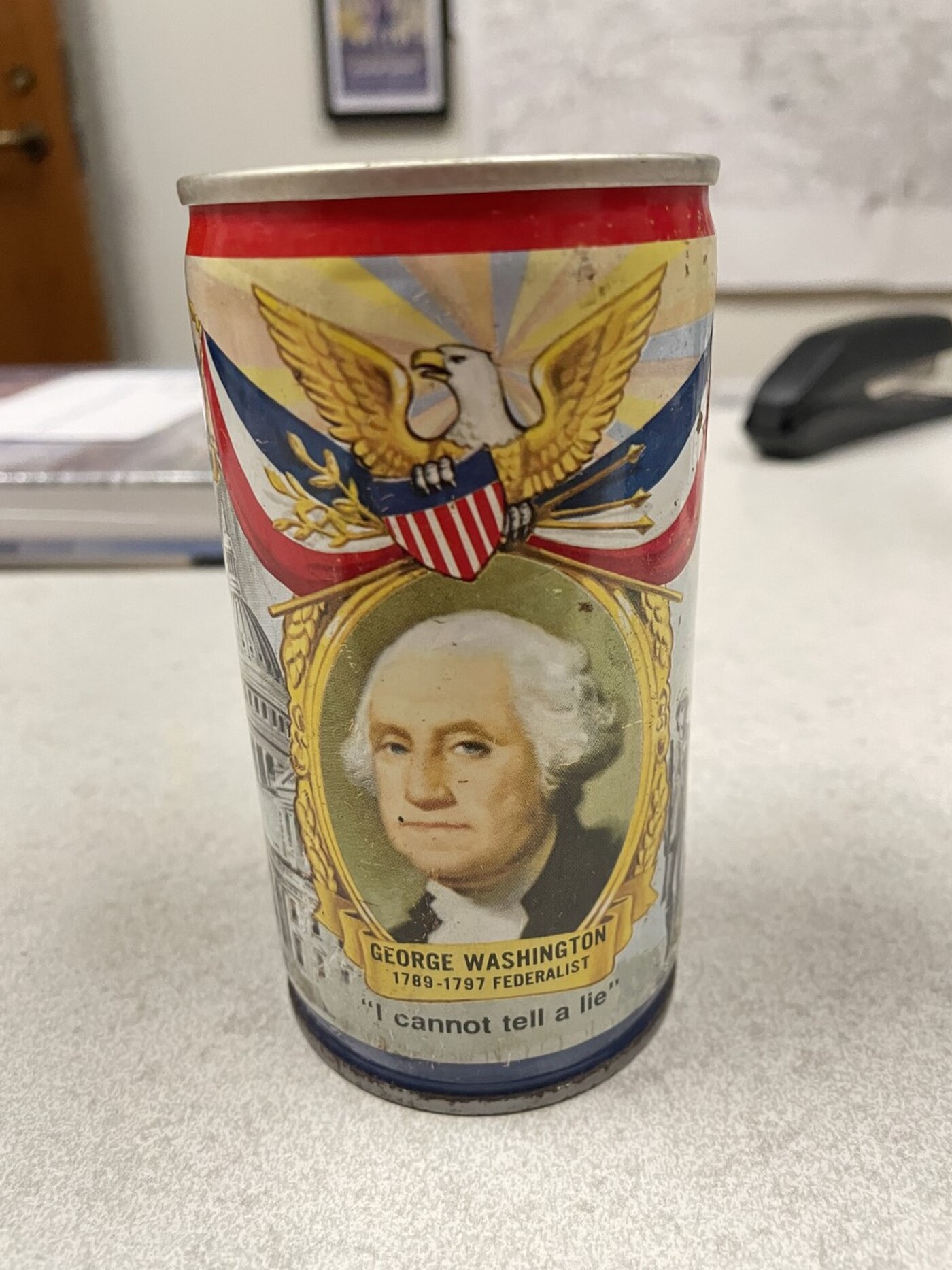 Beer can featuring an image of George Washington.