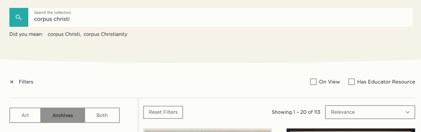 Screenshot of the Collection search bar with &quot;Corpus Christi&quot; typed in.
