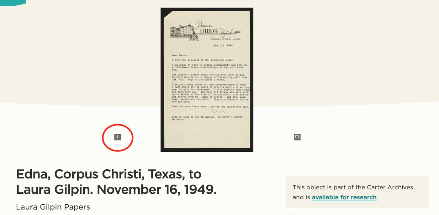 Screenshot of a letter in the Carter archives with the &quot;Download&quot; icon circled.