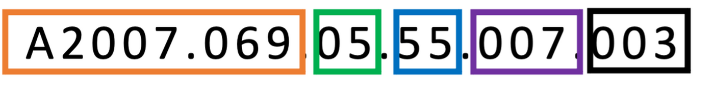 An accession number with each part highlighted in a different color.