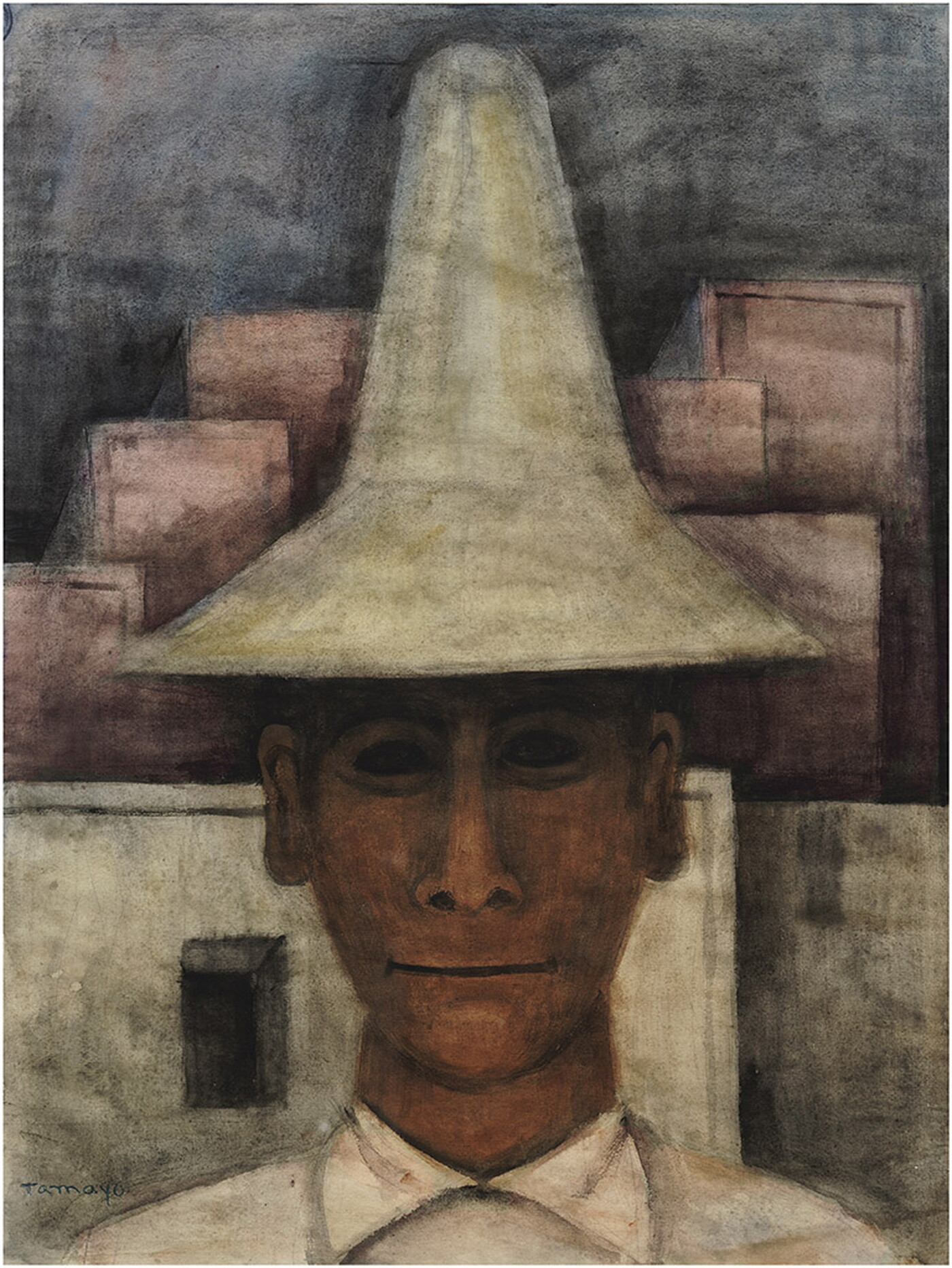A watercolor painting of a dark-skinned man wearing a tall, cream-colored hat, and adobe buildings in the background.
