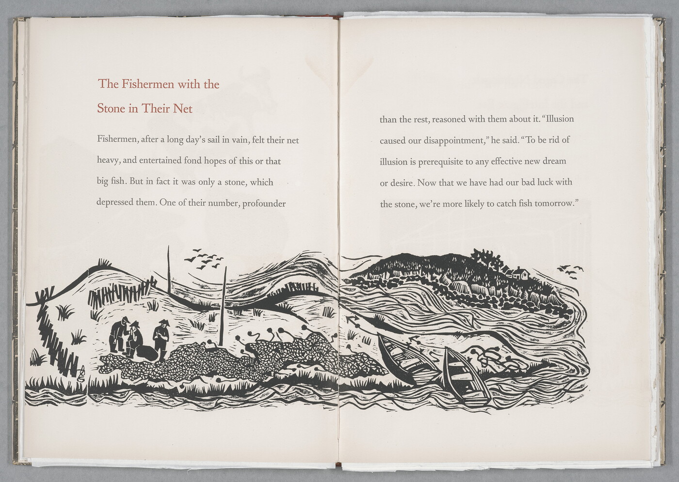 An open book showing a spread with a story and a print of fishermen on a shore.